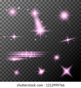 Set of pink lens flares. Pink sparkles shine special light effect. Vector lens flares on a transparent background.