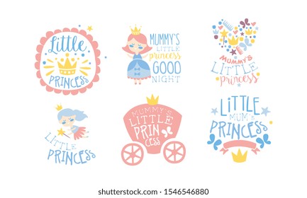Set of pink lettering and cute pictures for girls. Vector illustration.