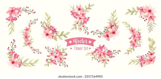 Set of Pink Lily Flowers Decorative Element Arrangement Vector Collection. Beautiful Wreath Floral Wedding Element Invitation Decoration. Flowers Corner Borders Frame for Wedding Element 