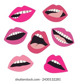 Set von rosa Lippen mit verschiedenen Emotionen. Mund mit einem Kuss, Lächeln, Zunge und Zähne. Sexy Lippen Make-up. Offener Mund. Süßer Kuss. Gruppe von Symbolen.