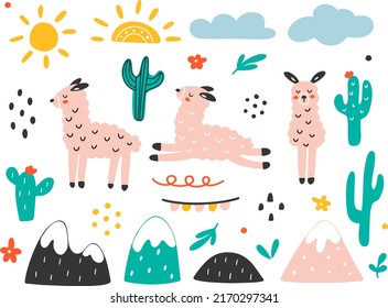 Set of pink llamas isolated on a white background. Collection of ellements for your design. Hand drawn vector illustration including cactus, sun, mountain and clouds