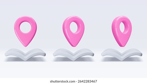 Set pink location pointer om map, book, placemark, marker of map, navigation pin sign. 3d GPS icon. Sign for searching on map direction. Vector render illustration isolated on white background