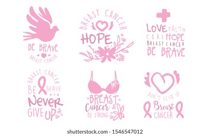 Set of pink logos to fight breast cancer. Vector illustration on a white background.