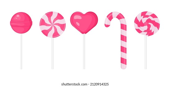Set of pink lollipops. Candy cane, round and heart shaped.