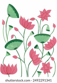 A set of pink lotus flowers and leaves . Watercolor illustration. isolated on a white background.