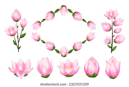 Set with pink magnolia flower elements in cartoon style