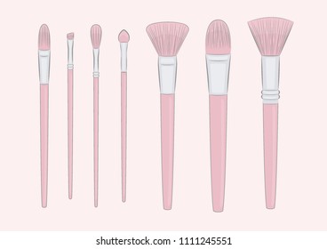  Set of pink make up brushes on pastel background. Vector banner design. Concept for beauty salon, cosmetics label, cosmetology, visage. Makeup brushes kit. Hand drawn vector illustration set 