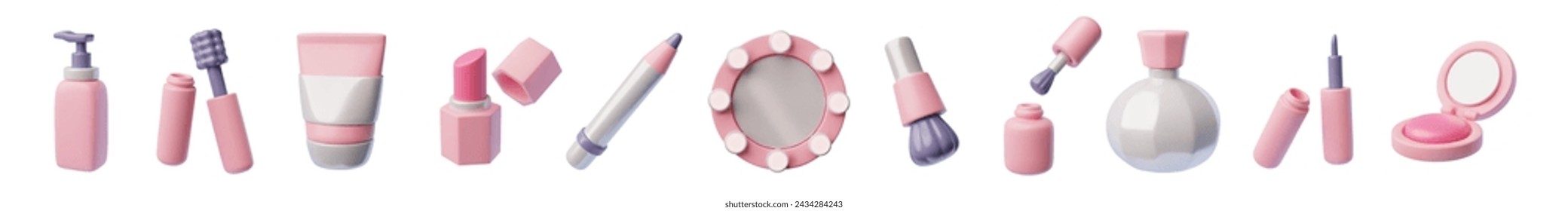 Set of pink makeup items 3D style, vector illustration isolated on white background. Decorative design elements collection: round mirror, perfume, cream, lipstick and nail polish