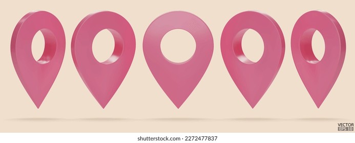 Set of pink map pointer isolated on beige background. Pink location pin or navigation. 3D Locator mark of map pointer, symbol, position. 3D vector illustration.