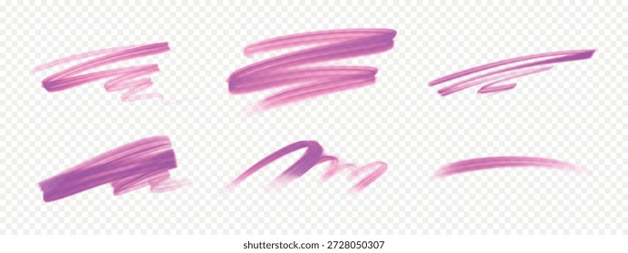 Set of pink marker and brush strokes. Pen highlights, underlines, and sketch elements. Perfect for notes, reminders.