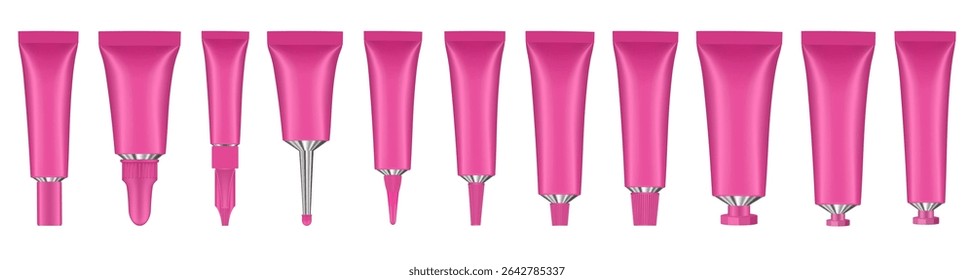 Conjunto de tubos de metal rosa. Montagem realista. Tubo longo do bocal para pomada ou salve. Gel ou soro. Embalagem cosmética coreana. Creme de dente ou creme para as mãos