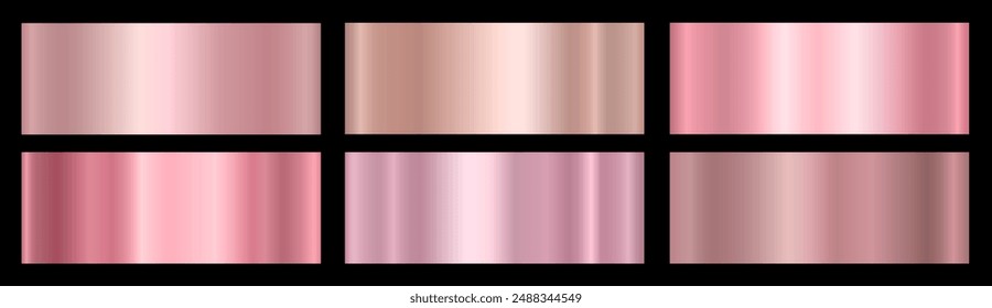 A set of pink metallic glossy gradients on a black background Texture of a smooth metal surface. Vector illustration.