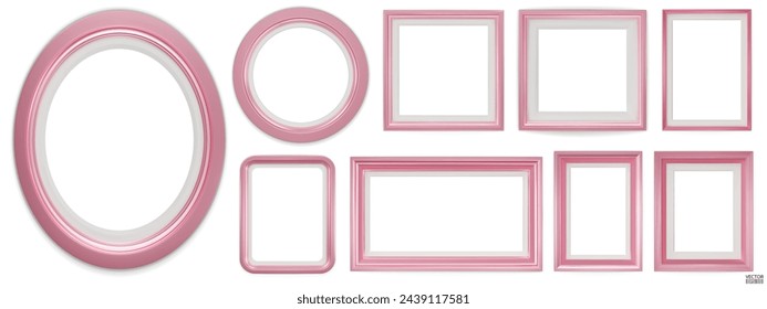 Set of pink modern frame isolated on white background. Realistic rectangle, circle, oval Photo pink frames mockup. Classic Borders set for painting, photo gallery. 3d vector illustration.