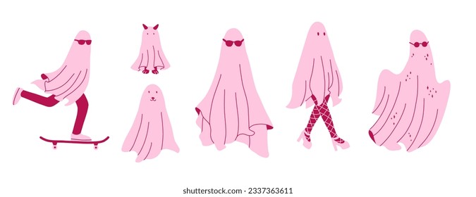 Set of pink modern ghosts. Cute cartoon monsters. Halloween trendy characters.