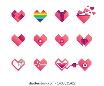 set of pink modern heart icons on white background, for love story or valentine concept, vector illustration