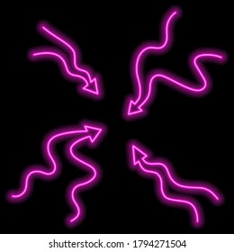 Set of pink neon arrows, creative wavy shape. Vector illustration.