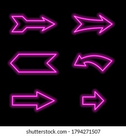 Set of pink neon arrows, different shapes. Vector illustration.