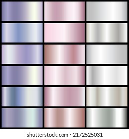 Conjunto de fondos de textura rosa, neón y plata. Plantilla de vector de gradiente metálico. Gráficos vectoriales de patrones de arcoiris brillantes. Colección de holograma de gradiente metálico