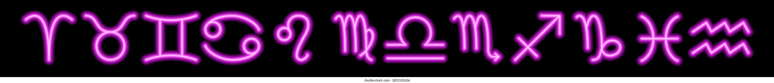 Set of pink neon zodiac signs. Predictions, astrology, horoscope.