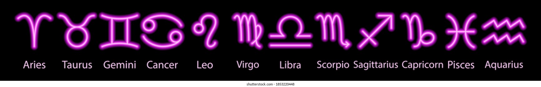 Set of pink neon zodiac signs with captions. Predictions, astrology, horoscope.