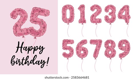 Set pink numbers from 0 to 9. Holiday set for party, birthday, anniversary. Balloons in form numbers for postcards, posters, congratulations.