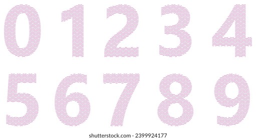 Conjunto de números rosados aislados en blanco. Alfabeto con números. Elementos gráficos vectoriales para el diseño. Líneas, líneas onduladas	