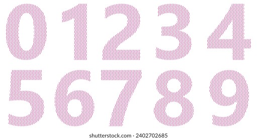 Set of pink numbers isolated on white. Alphabet with numbers. Vector graphic elements for design. Zigzag lines, wavy lines