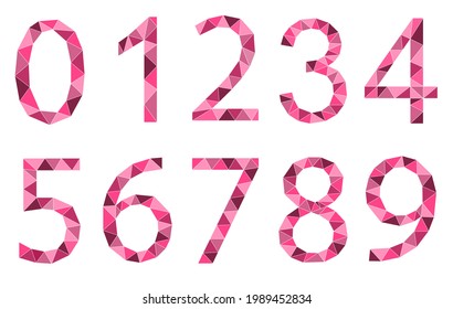 Conjunto de números rosados estilo polígono aislado sobre fondo blanco. Números de aprendizaje, número de serie, precio, lugar