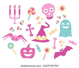 Set Pink objects for Halloween. Scary holiday in Barbie style. Cute spider and bat. Smiling witch hat, pumpkins and ghost. Skull in love. Sweets - candies and lollipops. Candles and bones. Vector