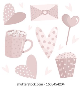 Set of pink objects for valentines day. Cup with cocoa and marshmallows, an envelope with a letter, a lollipop, a muffin with chocolate and different hearts.