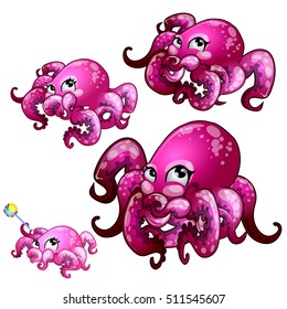 Set of pink octopus isolated on white background. Vector illustration.