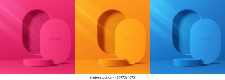 Set of pink, orange, blue 3d cylindrical podium background with round corner window on wall. Minimalist mockup pedestal, Abstract product display presentation, Stage showcase. Platforms vector design