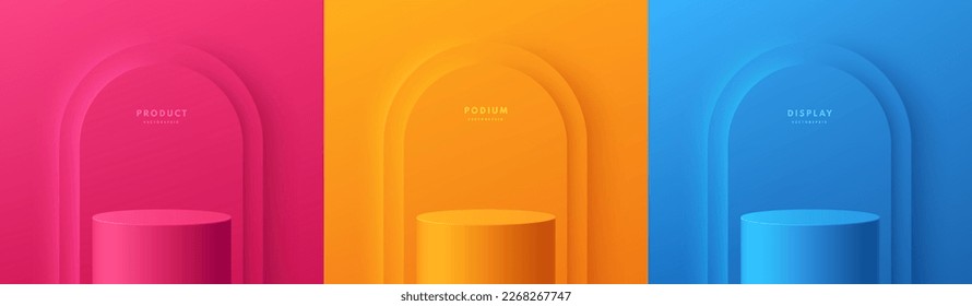 Set of pink, orange, blue realistic cylinder products podium 3D background. Arch backdrop. Minimal wall scene mockup product stage showcase, Banner promotion display. Abstract vector geometric forms.