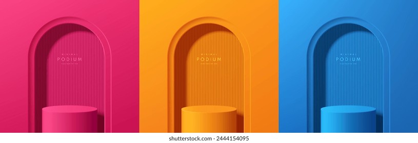 Set of pink, orange and blue realistic 3D cylinder podium products background in arch gate wall scene. Minimal mockup product stage showcase, Banner promotion display. Abstract vector geometric forms.