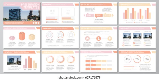 Set of pink and orange elements for multipurpose presentation template slides with graphs and charts. Leaflet, corporate report, marketing, advertising,  book cover design.