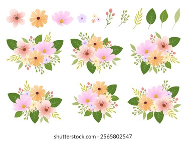 Set of pink orange floral arrangements and decorations. Vector floral arrangements for greeting card, invitation design or wedding concept