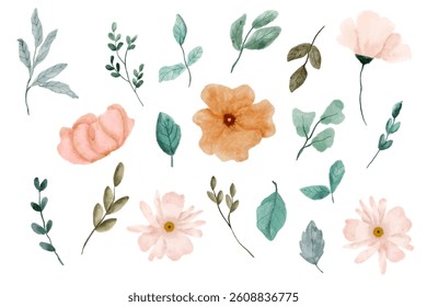 set of pink orange floral watercolor