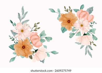 set of pink orange floral watercolor bouquet