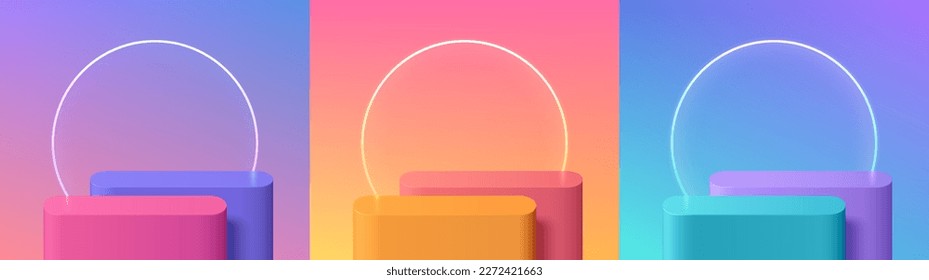 Conjunto de fondo de podio redondo rosa, naranja, púrpura, verde, amarillo y azul 3D, luz de neón anidal. Muro minimalista escena de simulación de la muestra de la etapa del producto, pantalla de promoción. Resumen vectorial de las habitaciones vacías.