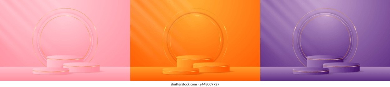 Set of pink, orange, purple podiums with elegant gold lines for product presentation. Cosmetic product display. Stage or podium. vector illustration	