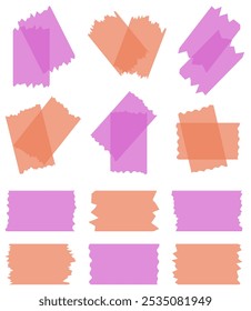 Set of pink and orange semi-transparent washi tapes isolated on white. Tapes collection in vector. Pieces of decorative tape for scrapbooks. Torn paper