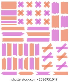 Set of pink and orange semi-transparent washi tapes isolated on white. Tapes collection in vector. Pieces of decorative tape for scrapbooks. Torn paper
