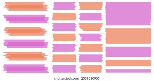 Conjunto de cintas washi semitransparentes de color rosa y naranja aisladas en blanco. Cintas de colección en Vector. Piezas de cinta decorativa para álbumes de recortes. Papel rasgado