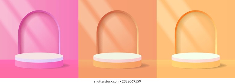 Set of pink, orange, yellow and white 3d podium in arch window. Studio room with geometric platform. Minimal wall scene for products showcase, Promotion display. Vector illustration.