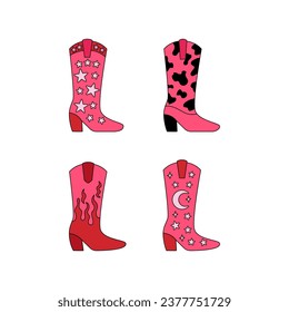 Set of pink outline cowboy boots. Vector illustration in retro style. Western funky cowgirl accessories