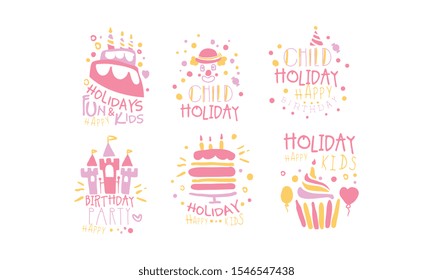 Set of pink outlines and inscriptions for the birthday. Vector illustration.