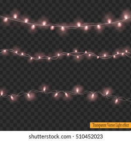 set of pink, overlapping, glowing Christmas string Lights garlands on a plaid vector transparent background.  Realistic design elements.  vector illustration