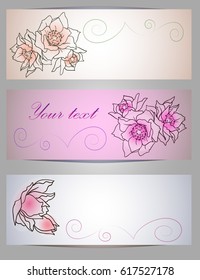 A set of pink paper banners or invitations with beautiful hand painted flowers
