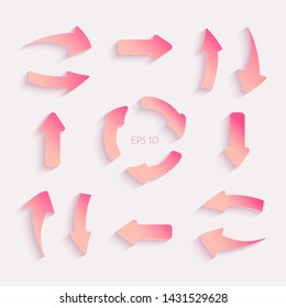 Set of pink paper cut arrows in different shapes with realistic shadows. 3d vector illustration for any design purposes.
