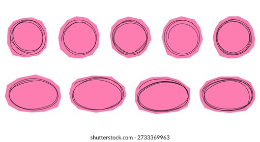Set of pink paper cutout round frames with black hand drawn doodle scribbles
